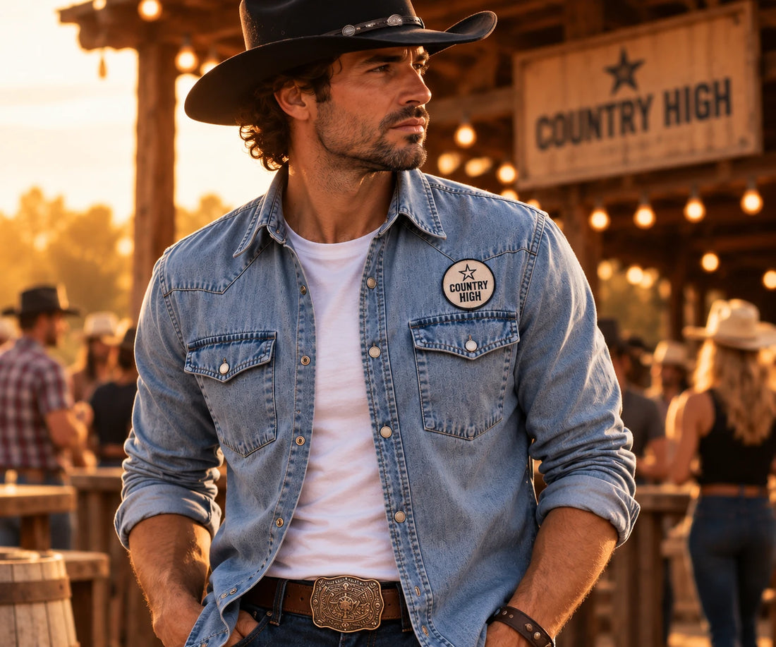 Blaues Jeanshemd mit COUNTRY HIGH Badge auf der Brust