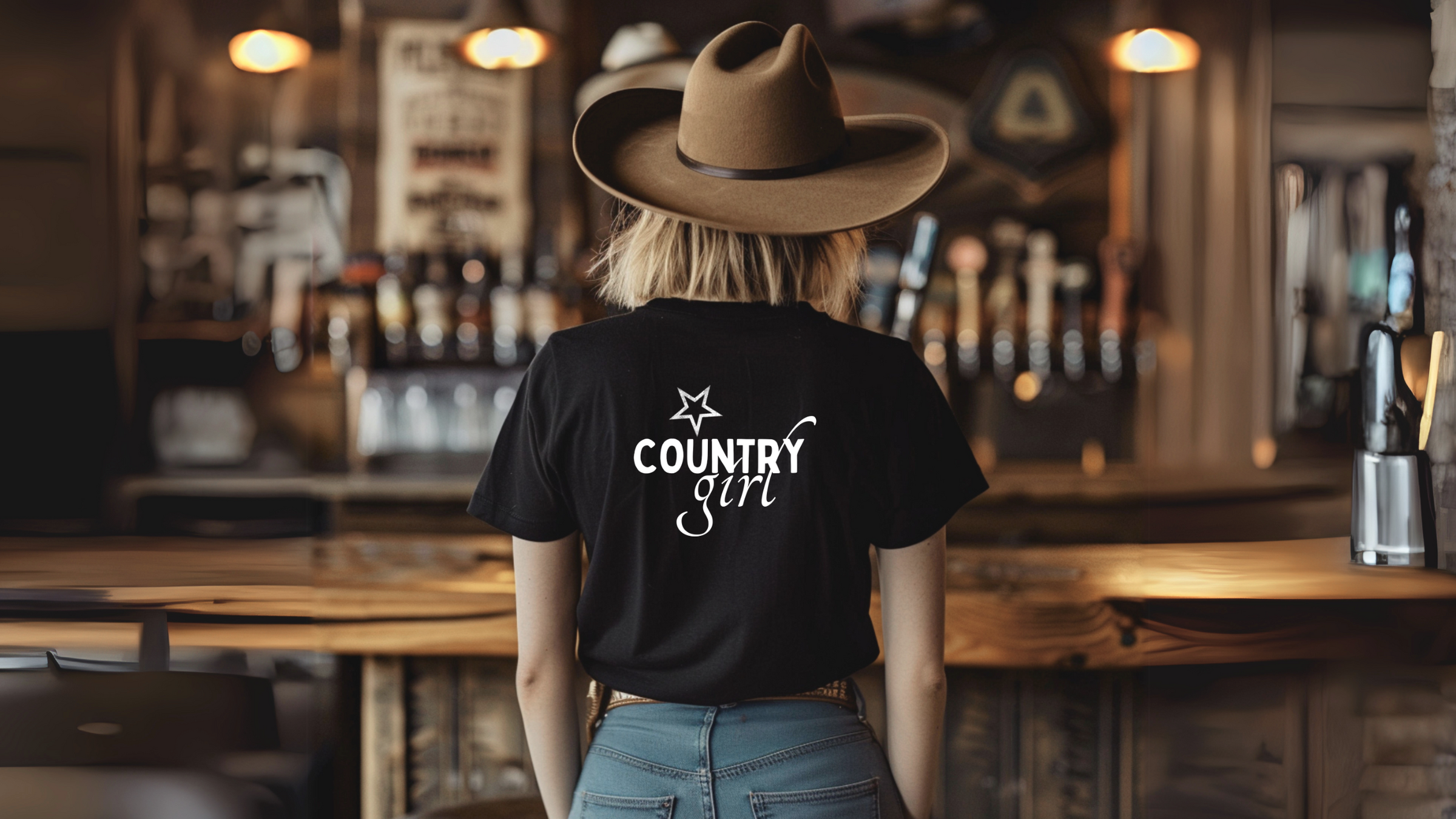 Rückansicht einer Frau mit Cowboyhut und schwarzem COUNTRY GIRL Shirt in Westernbar