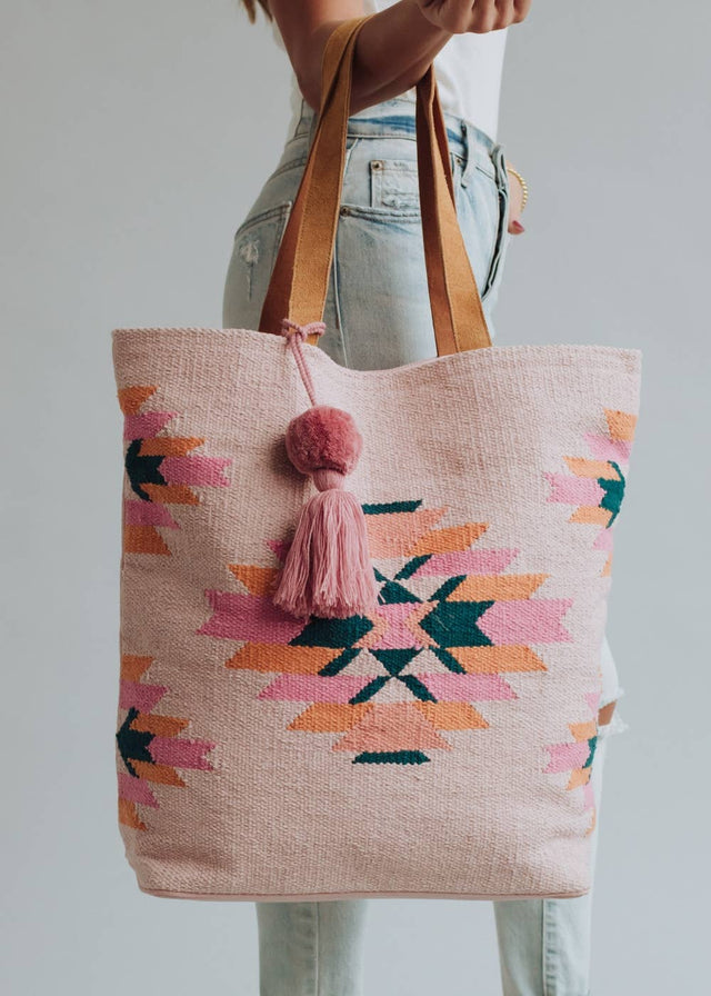 Azteken-Tasche in Pink, Tuerkis und Orange mit Bommel-Quaste