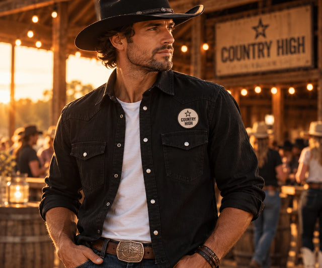 Schwarzes Western-Jeanshemd mit COUNTRY HIGH Badge auf der Brust